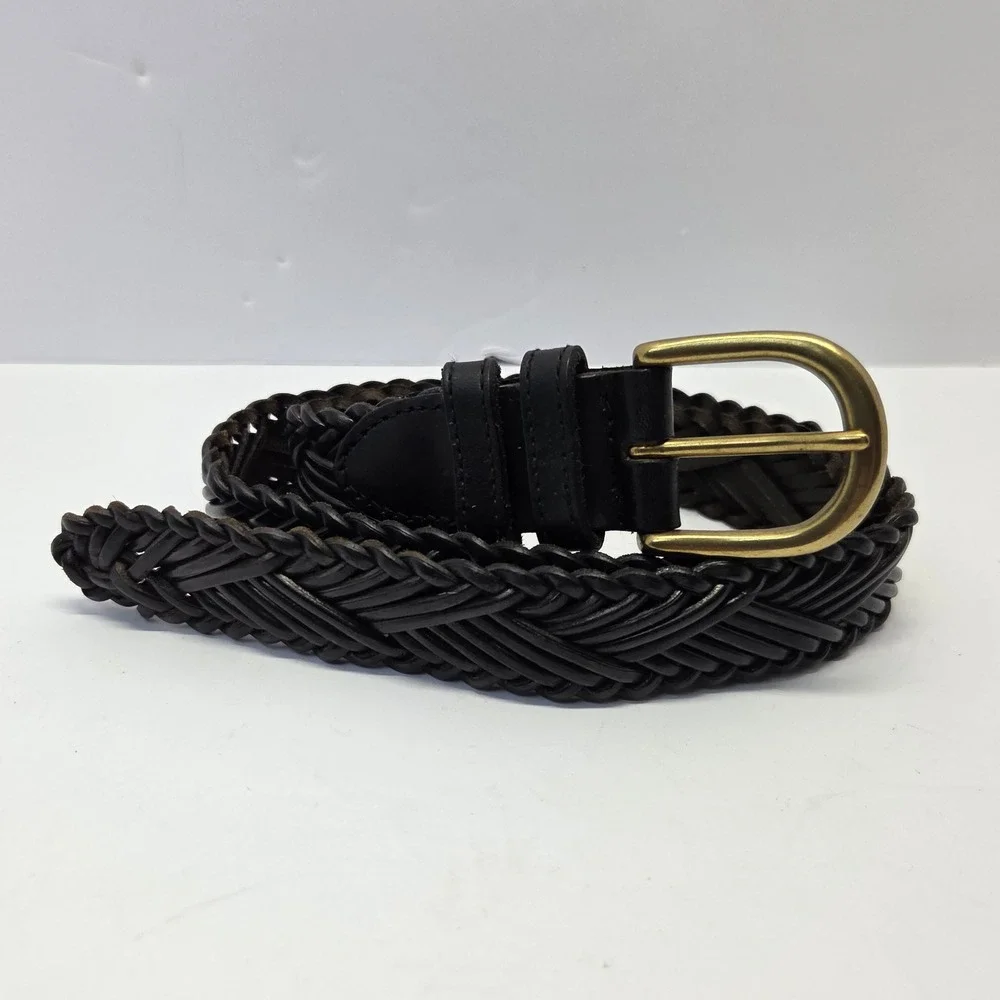VTG Fossil Braided Leather Belt Medium Black Solid Brass Buckle 90s Classic Prep